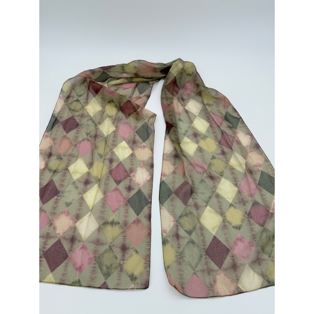 Womens Silk Neck Tie Scarf Harlequin Diamond Print Green Pink Chiffon Bow Scarf